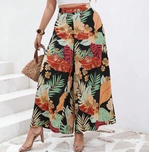 Calvin Klein Tropical Print Wide Leg Pants Elastic Waist L